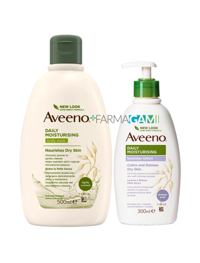 Aveeno Pack Bagno Doccia Avena 500 ml+Crema Idratante Lavanda 300 ml Pelle Normale e Secca