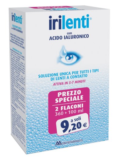 SOLUZIONE UNICA PER LENTI A CONTATTO IRILENTI CON ACIDO IALURONICO 2 FLACONI DA 360 ML + 100 ML